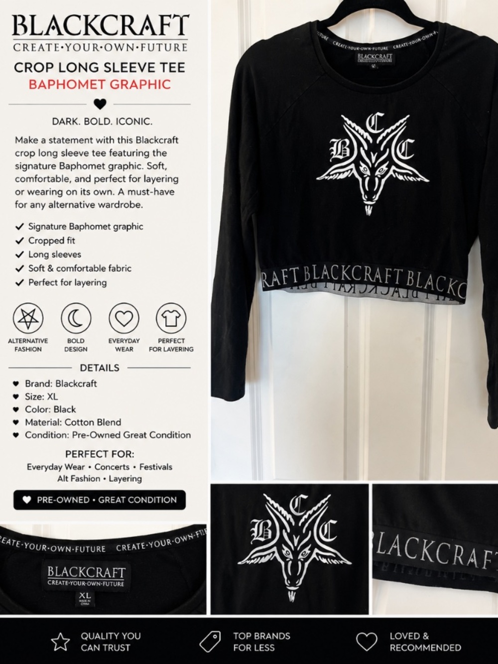 Blackcraft Cult Baphomet Crop Long Sleeve Tee Black Gothic Alternative XL